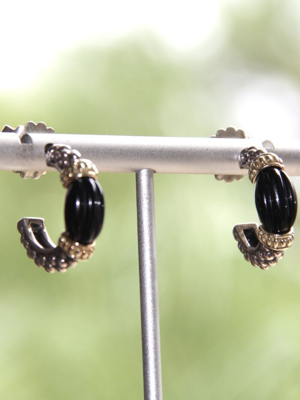 Lagos Caviar Onyx Sterling Silver 18k Gold Earrings. . RARE Lagos Hoop Earrings